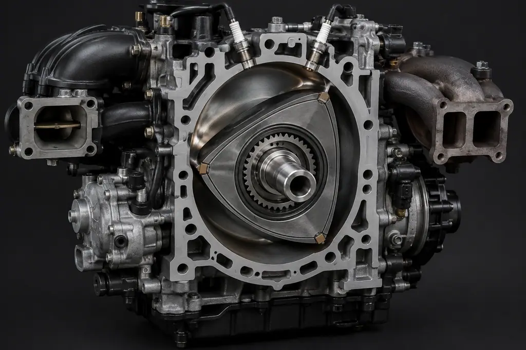 Coupe technique du moteur Mazda 13B-REW montrant un rotor, la chambre et les segments d’apex