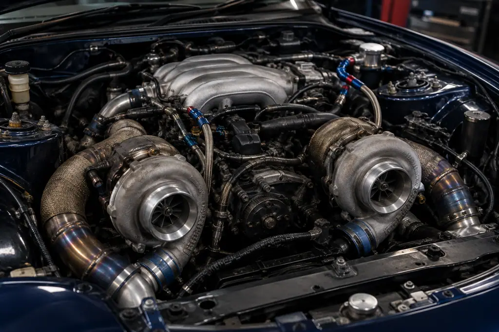 Gros plan sur les deux turbocompresseurs du 13B-REW dans la baie moteur d’une Mazda RX-7 FD3S.
