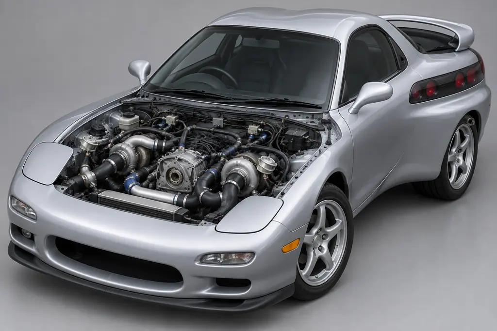 Schéma en coupe des circuits de commande, des actionneurs et des deux turbocompresseurs d’une FD3S.