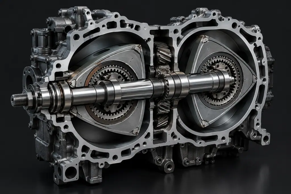 Coupe technique d’un moteur rotatif Mazda 13B à deux rotors, montrant les carters, les rotors triangulaires et l’arbre excentrique.