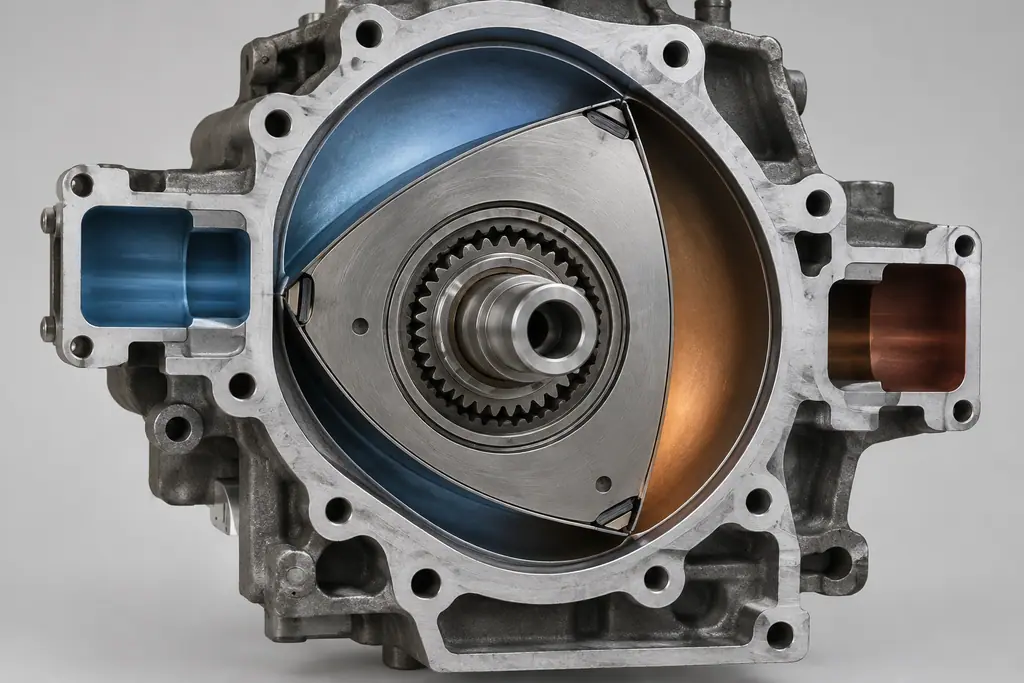 Détail d’une chambre Wankel, avec un rotor à trois sommets et les lumières fixes d’admission et d’échappement.