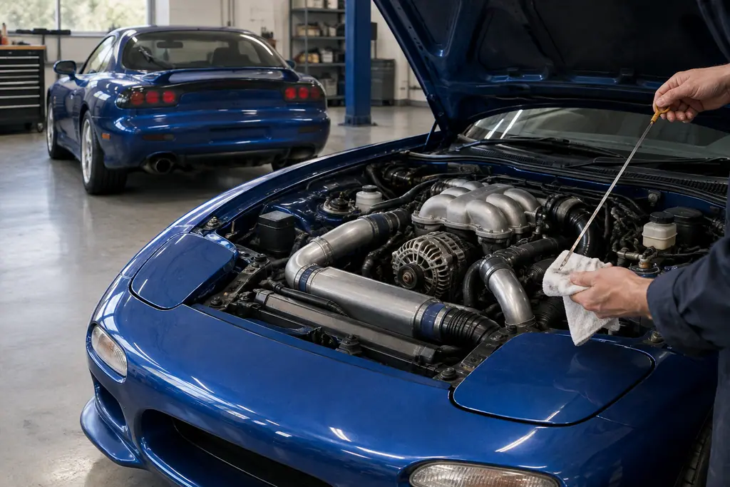 Contrôle du niveau d’huile du moteur 13B-REW dans une Mazda RX-7 FD3S.