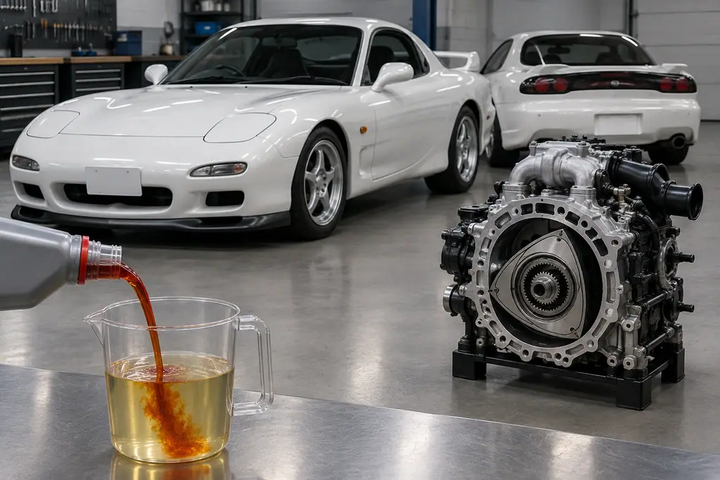 Huile deux-temps ajoutée au carburant pour illustrer le principe du premix sur une RX-7 FD3S.