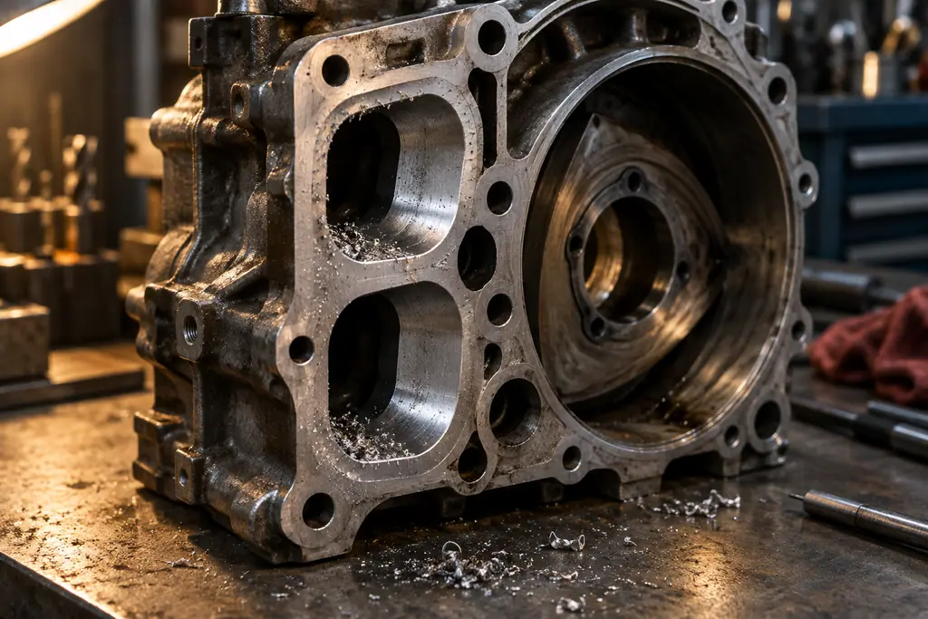 Carter latéral de moteur Mazda 13B posé sur un établi, avec ses lumières d’admission usinées visibles en gros plan.