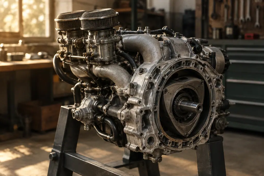 Moteur rotatif Mazda 12A à deux rotors installé sur un support dans un atelier de restauration