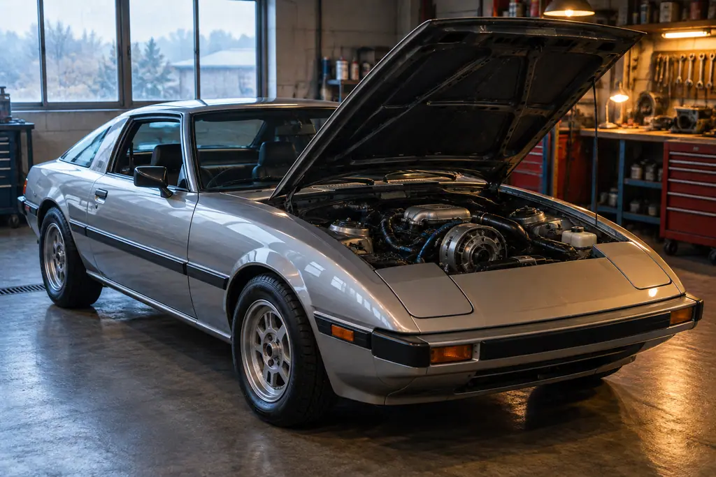RX-7 SA22C de première génération dans un atelier, capot ouvert sur le compartiment moteur