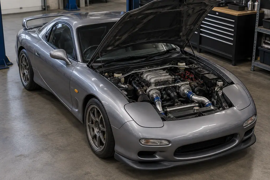 Moteur 13B-REW biturbo dans le compartiment moteur ouvert d’une Mazda RX-7 FD3S.