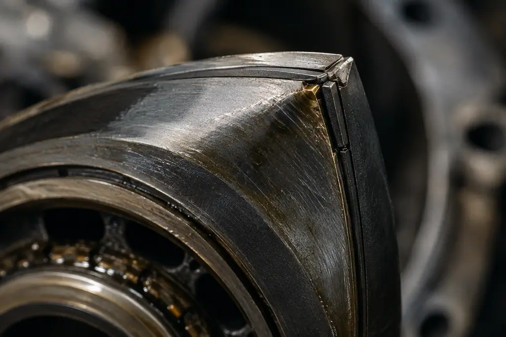 Gros plan sur le segment d’apex et les joints latéral et d’angle d’un rotor Wankel.