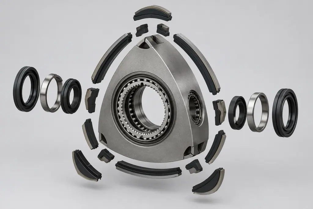 Vue technique éclatée d’un rotor Wankel montrant les joints d’apex, latéraux, d’angle et d’huile.