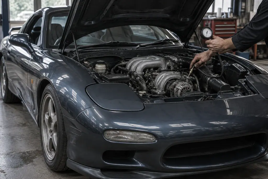 Testeur de compression raccordé au moteur rotatif 13B d’une Mazda RX-7 FD3S.