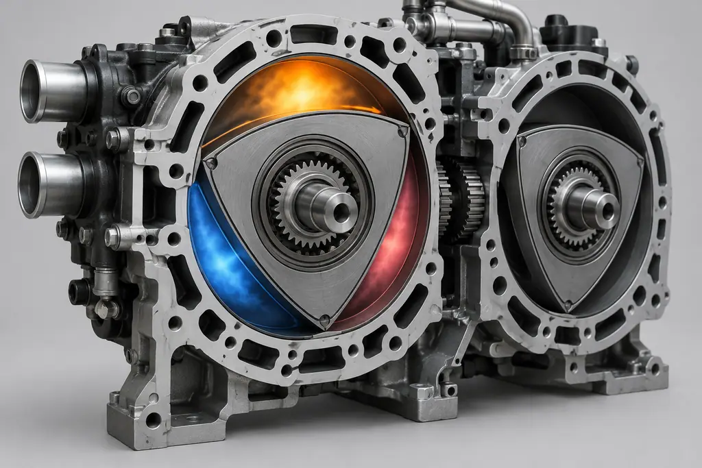 Vue en coupe d’un rotor Wankel montrant ses trois chambres de travail successives.