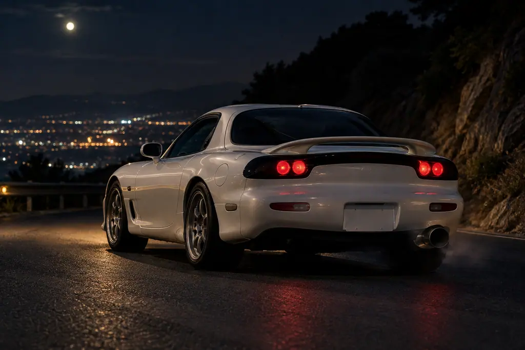 Arrière d’une Mazda RX-7 FD3S de nuit, avec sa sortie d’échappement et un léger voile de chaleur.