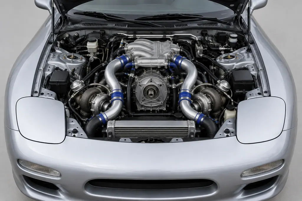 Vue technique du compartiment moteur d’une Mazda RX-7 FD3S, avec le 13B-REW et ses conduits de suralimentation.
