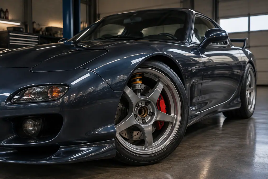 Combiné fileté et étrier de frein visibles derrière la roue d’une Mazda RX-7 FD3S dans un atelier.