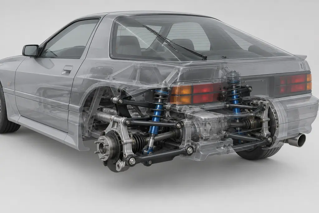 Vue technique de la suspension arrière indépendante à bras multiples d’une Mazda RX-7 FC3S.