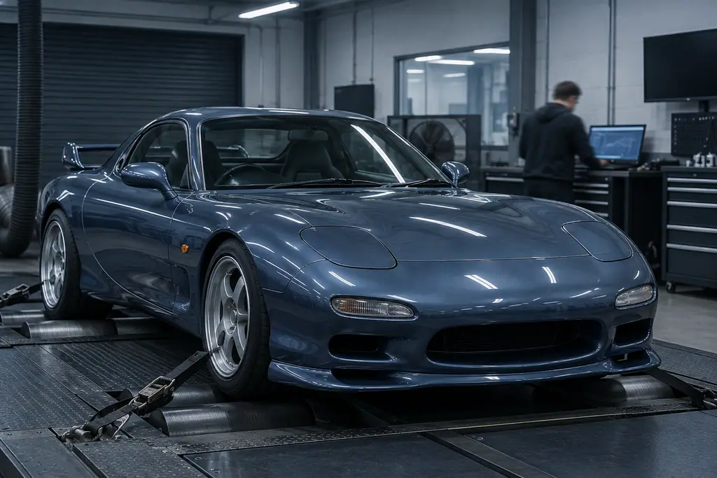 Mazda RX-7 FD3S sur un banc à rouleaux dans un atelier, avec un technicien près d’un ordinateur.