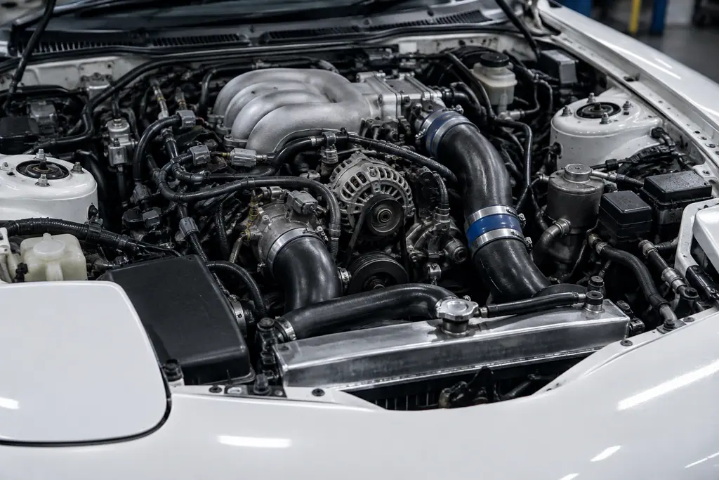 Inspection des durites de dépression et des raccords d’admission dans le compartiment moteur d’une FD3S.