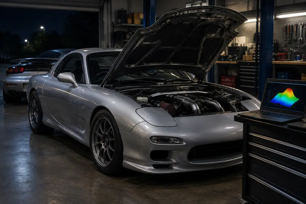 Mazda RX-7 FD3S dans un atelier, capot ouvert et ordinateur affichant une carte moteur abstraite.