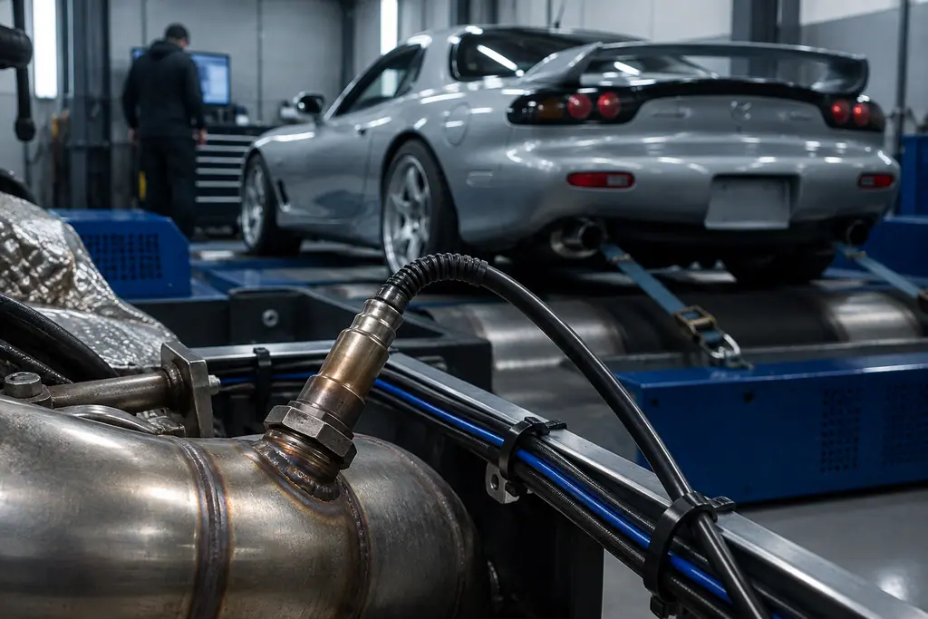 Sonde lambda large bande sur l’échappement d’une Mazda RX-7 FD3S placée sur un banc.