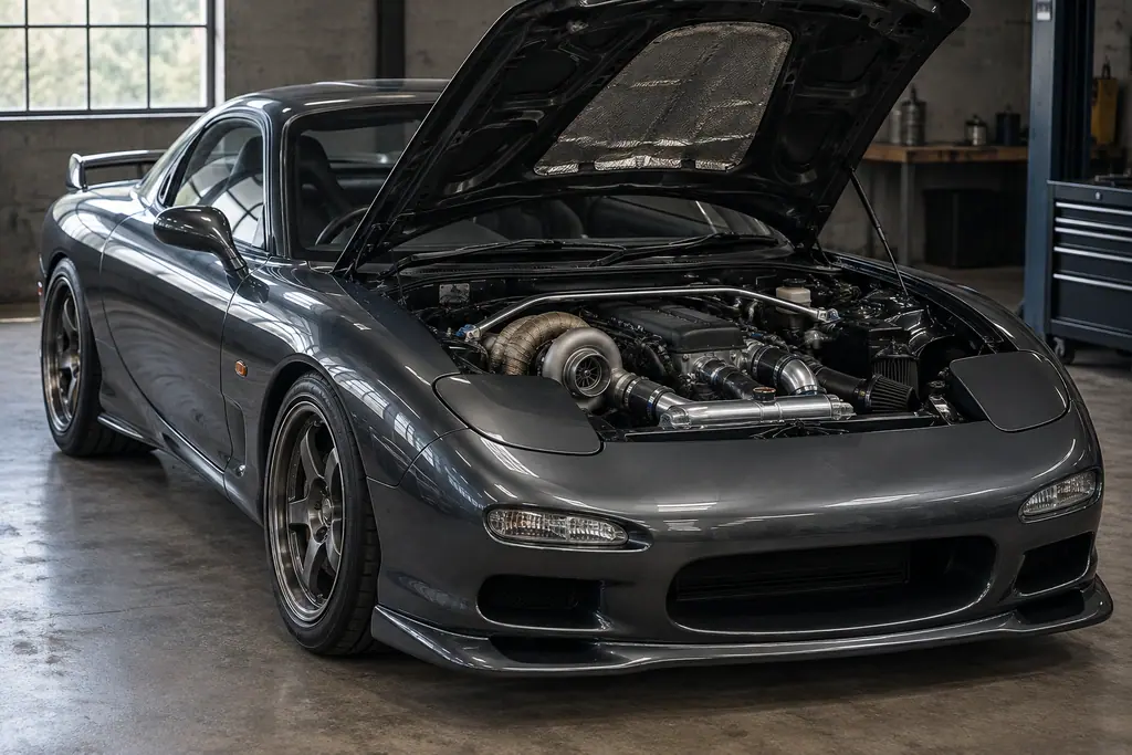 Compartiment moteur d’une Mazda RX-7 FD3S préparée avec un seul turbocompresseur.
