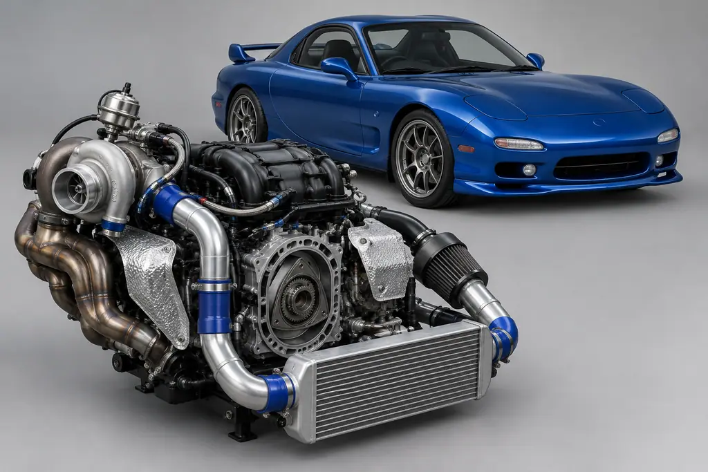 Vue technique des éléments à adapter autour du 13B-REW lors d’une conversion mono-turbo.