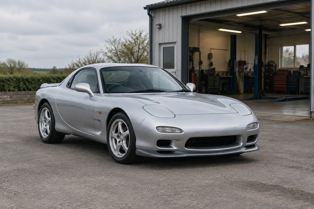 Mazda RX-7 FD3S stationnée devant un atelier, photographiée de trois quarts avant.