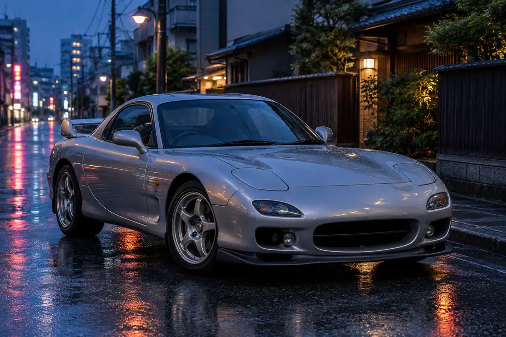 Mazda RX-7 FD3S, troisième génération, dans une rue japonaise aux reflets de néons.