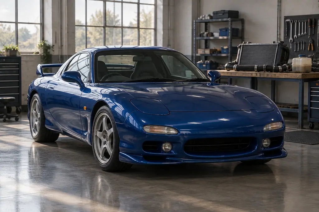 Mazda RX-7 FD3S dans un atelier, capot fermé et outils d’inspection en arrière-plan.
