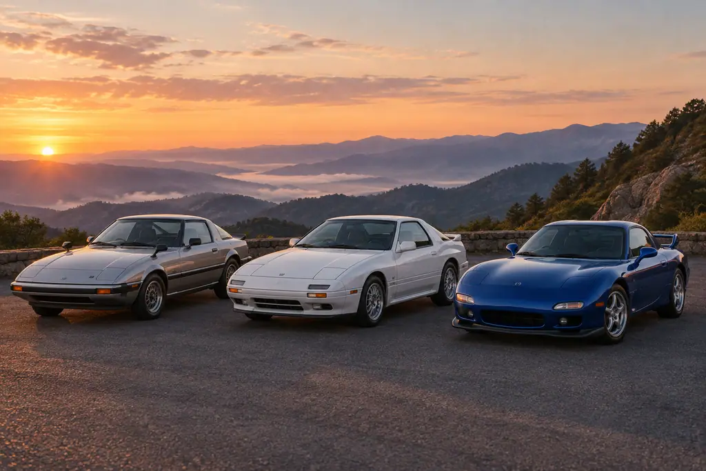 Les Mazda RX-7 SA22C, FC3S et FD3S réunies sur une route de montagne.