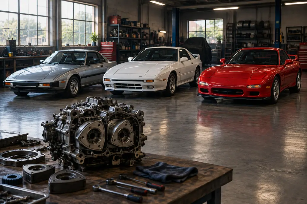 Trois générations de Mazda RX-7 réunies dans un atelier, avec un moteur rotatif sur un établi.