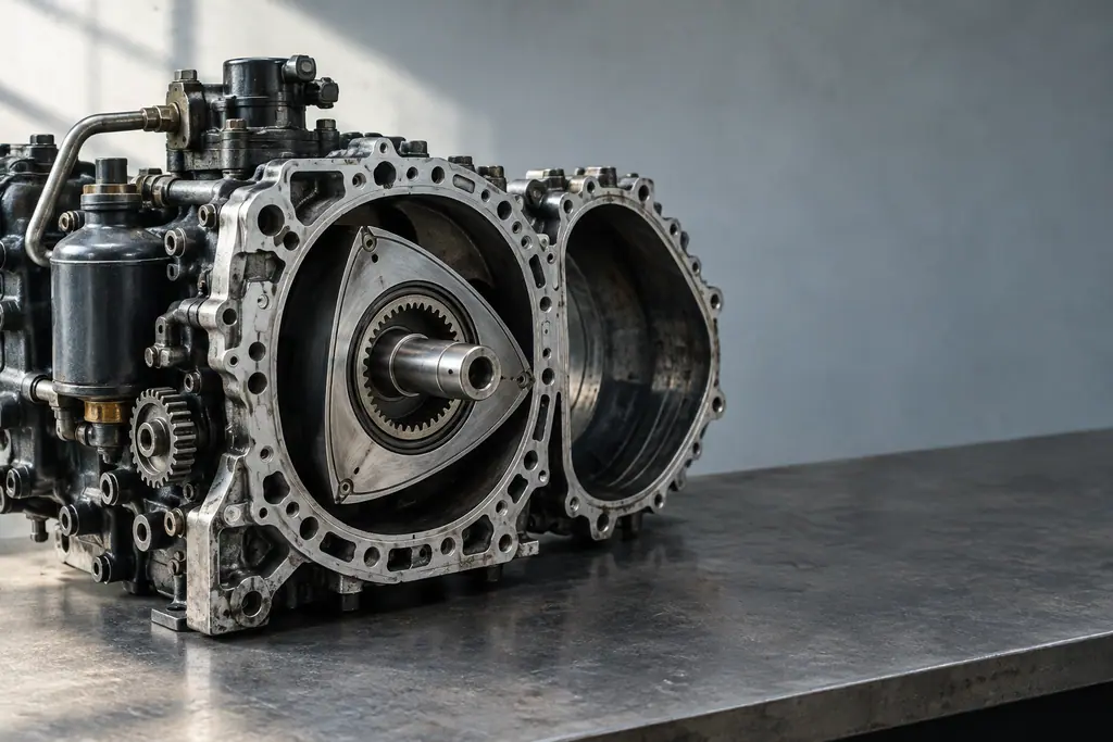 Moteur rotatif Mazda 13B démonté, avec un rotor triangulaire et l’arbre excentrique visibles.