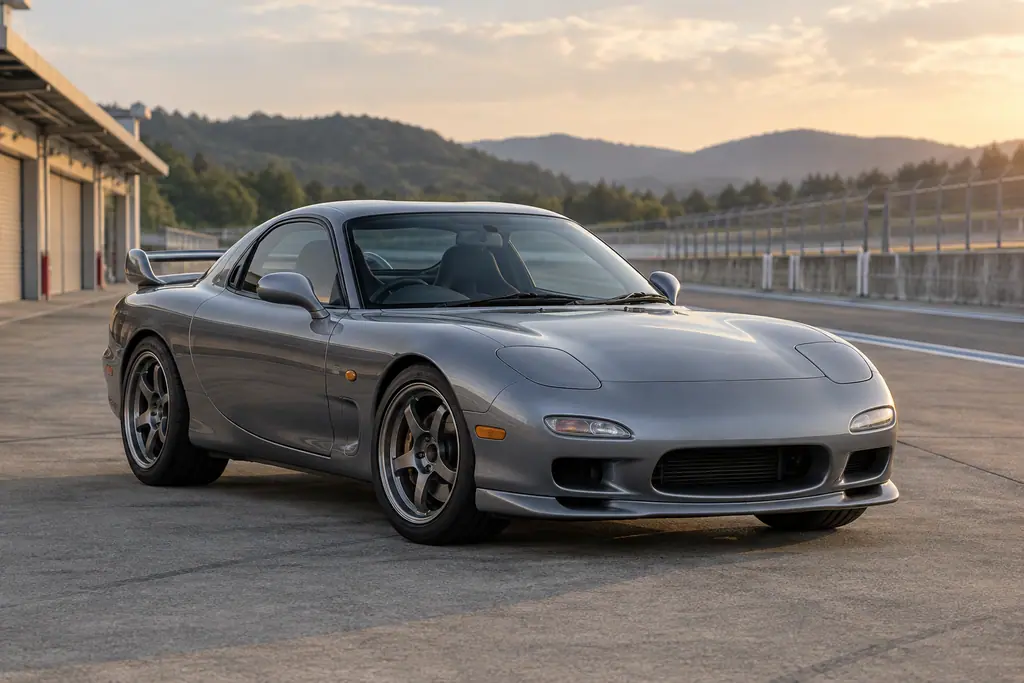 Mazda RX-7 FD3S préparée, photographiée en trois quarts avant dans un paddock de circuit.